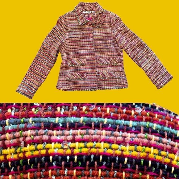 Anage Jackets & Blazers - Vintage Anage Pink Colorful Tweed Blazer Jacket Size Large Rainbow Flower Fringe